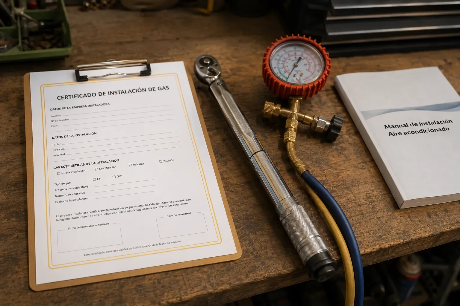 Engineer's bench with a Spanish gas certificate, torque wrench and refrigerant pressure gauge