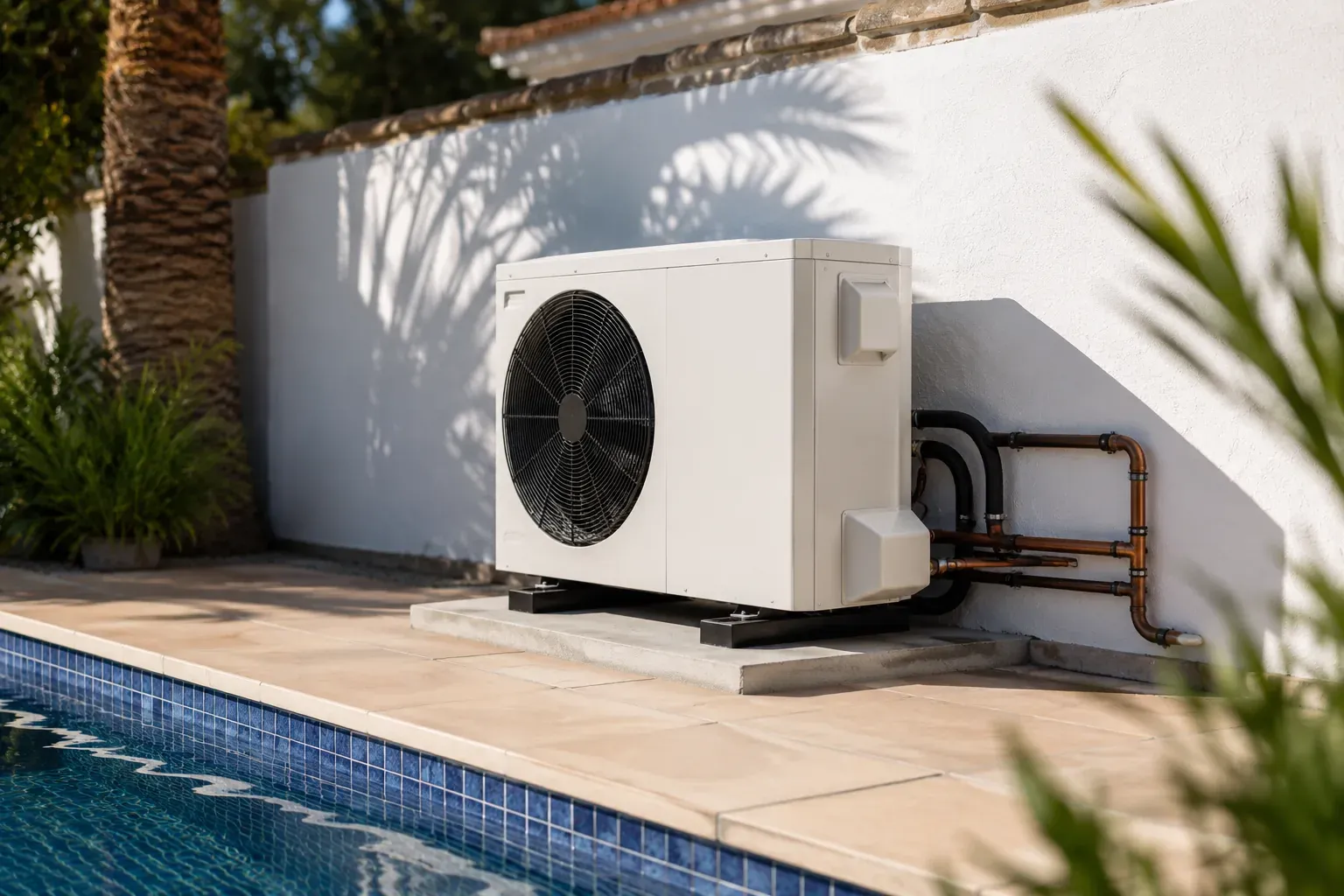Modern pool heat pump installed on a paved utility area beside a private swimming pool in southern Spain