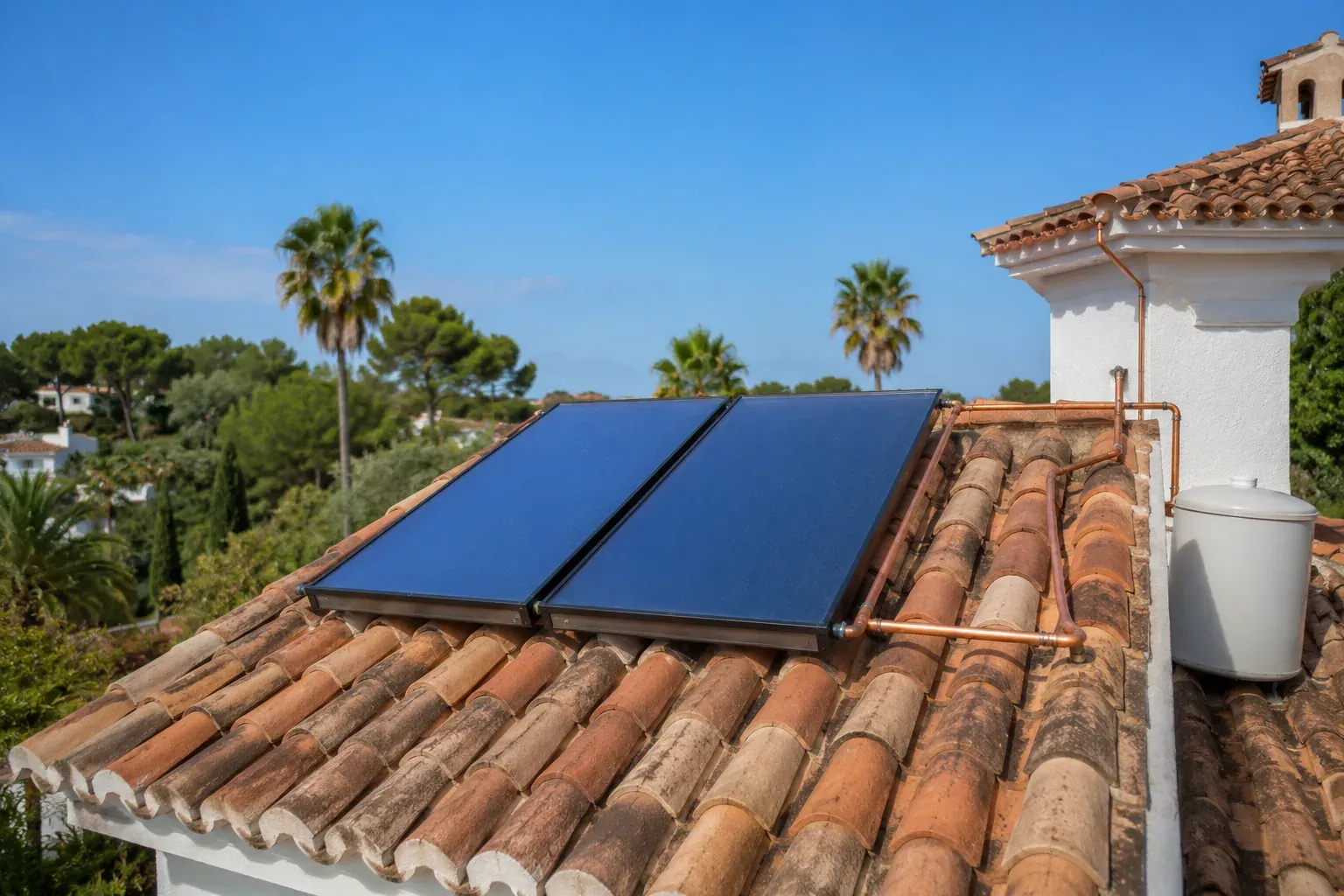 Flat-plate solar thermal collectors mounted on the terracotta roof tiles of a Spanish villa