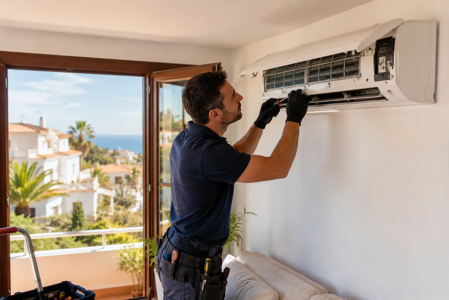 EnviroCare engineer servicing a wall-mounted air conditioning unit