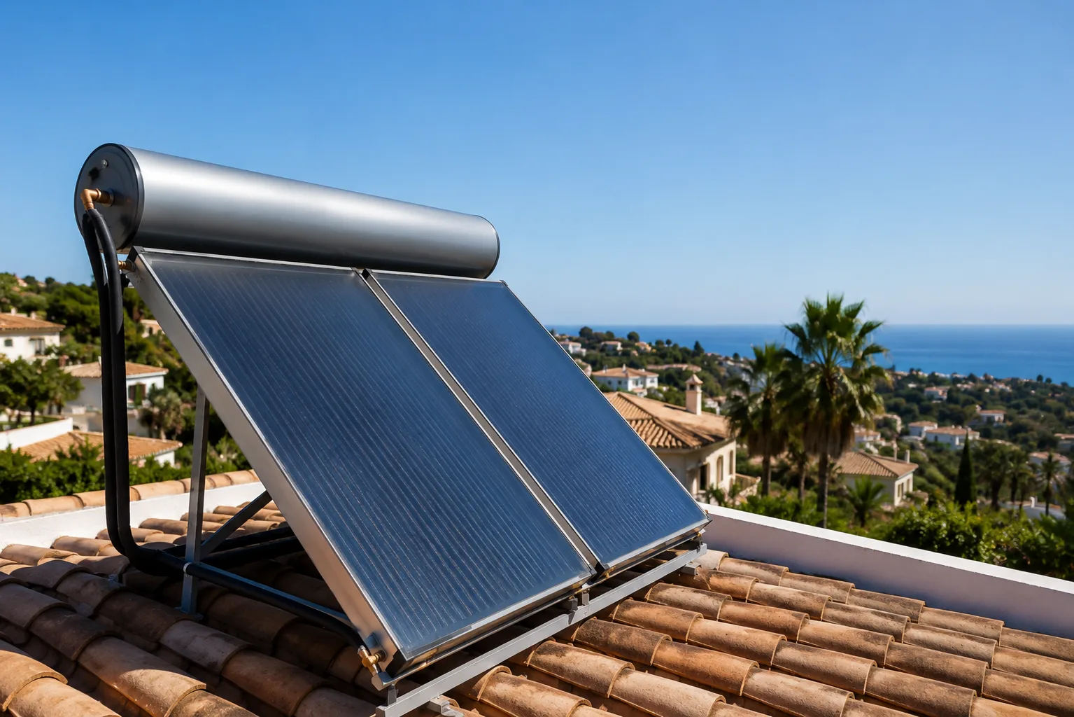 Solar hot water system on a sunny Costa del Sol rooftop